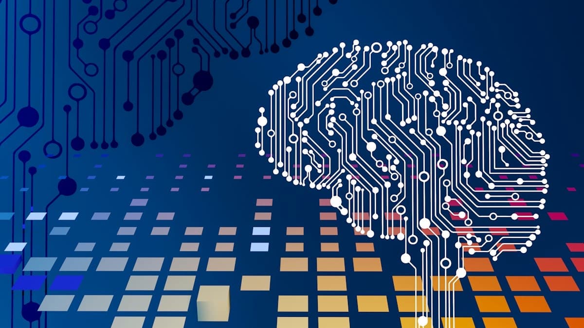 Illustration of a circuit-board brain above colorful data bars